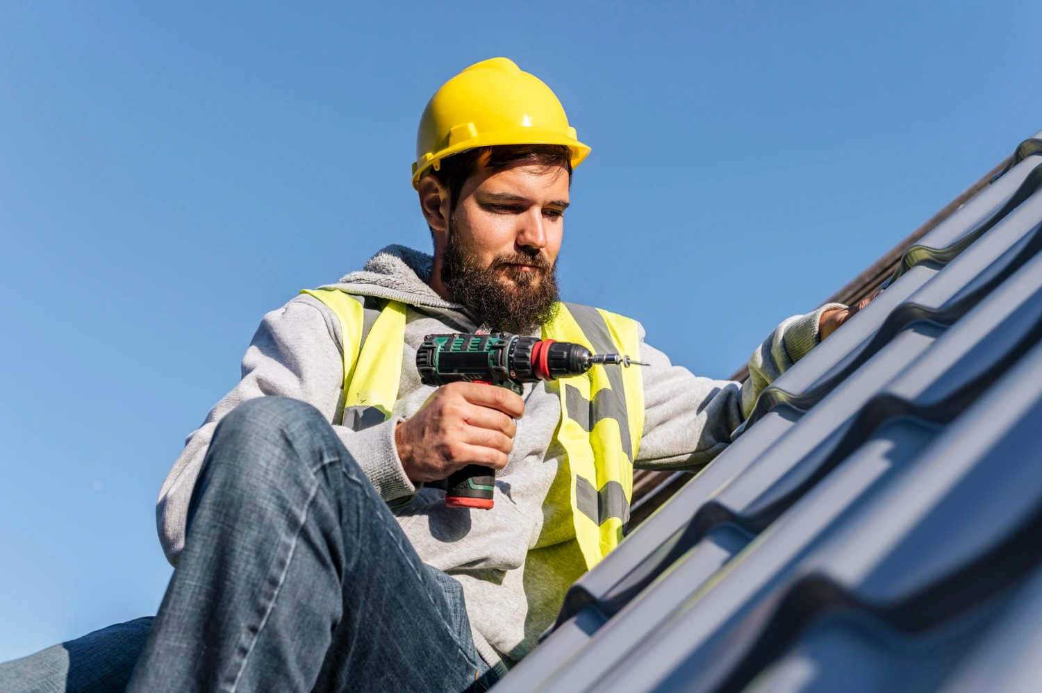 Construction team working on a roofing project